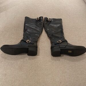 Black Knee-High Boots with Gold Buckles, Studs and Zipper